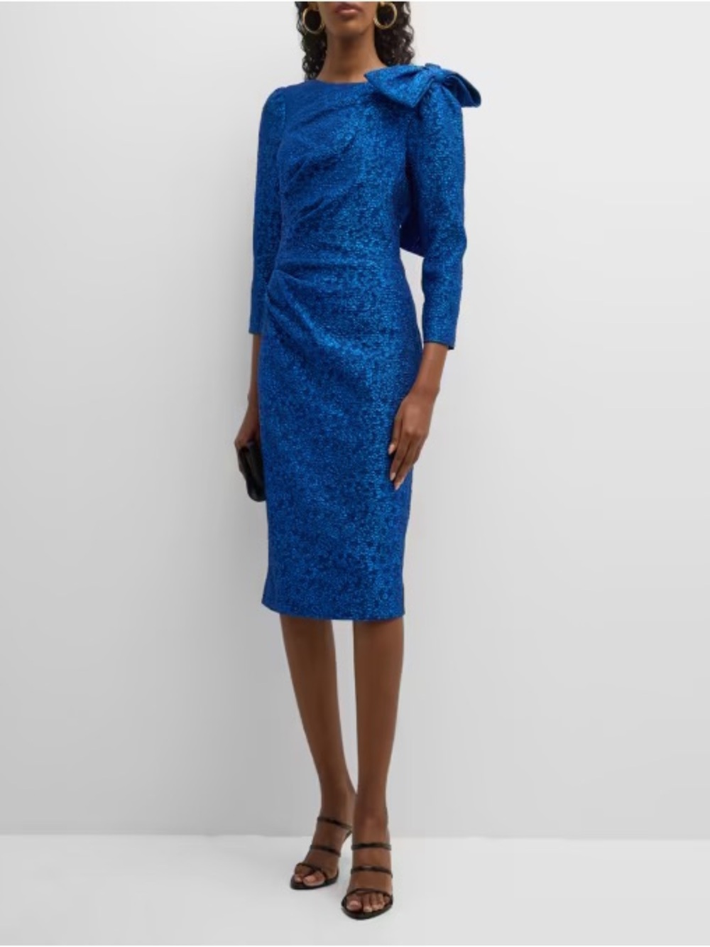 NWT Rickie Freeman for Teri Jon Ruched Bow-Embellished Jacquard Midi Dress 18